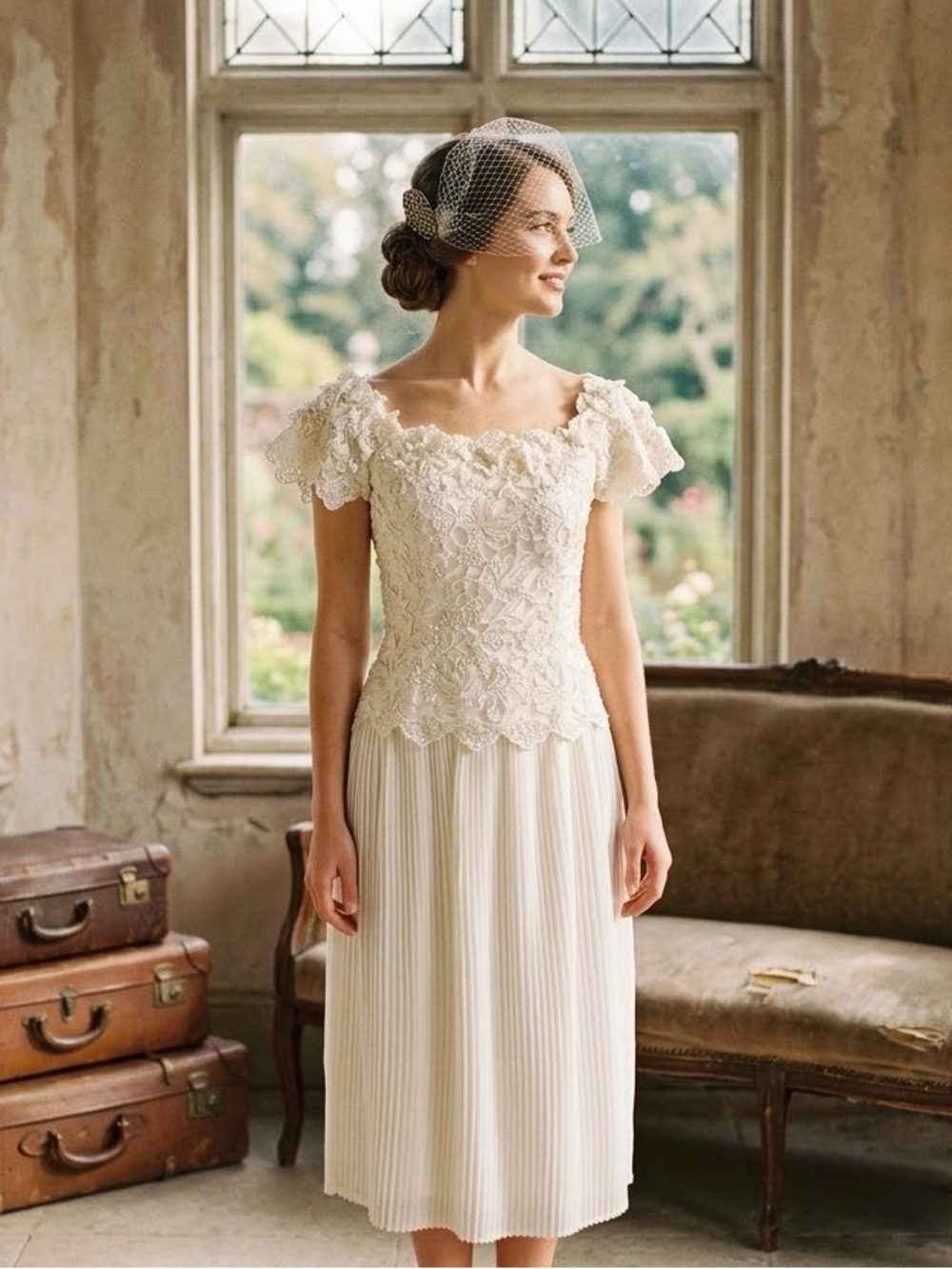 Vintage BLANCA Ivory Off-Shoulder Lace & Pleated Midi Dress, Beaded Floral, 
S/M